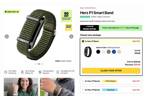 Herz P1 official website checkout showing 1x band at 59.99 dollars with 2x and 3x bundle discounts