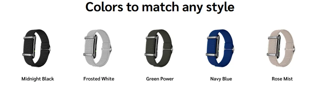 Herz P1 Smart Band color options: Midnight Black, Frosted White, Green Power, Navy Blue and Rose Mist