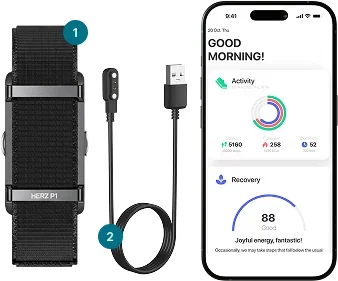 Herz P1 Smart Band box contents: band, magnetic USB charging cable and free companion app dashboard